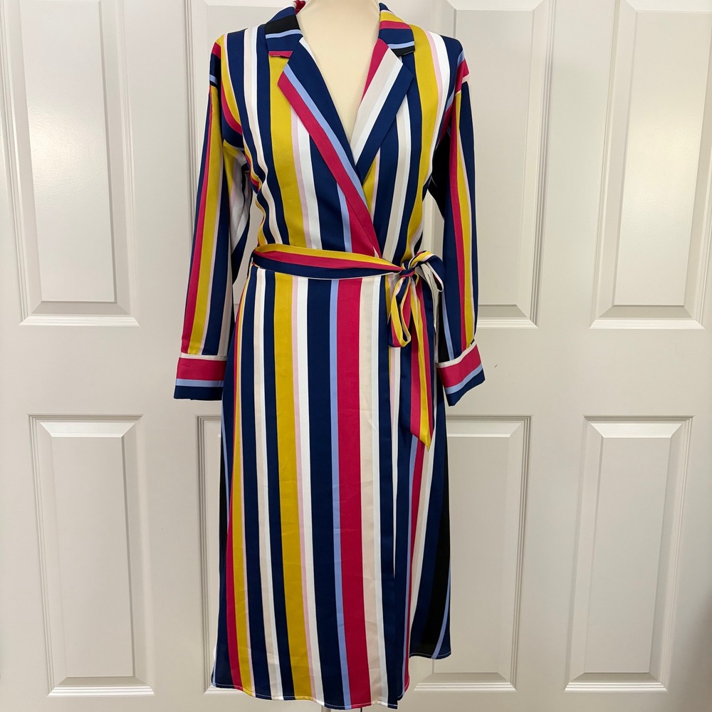 Chelsea28 Faux Wrap Dress Navy Stripe Multi Color Long Sleeve Womens Medium NWT